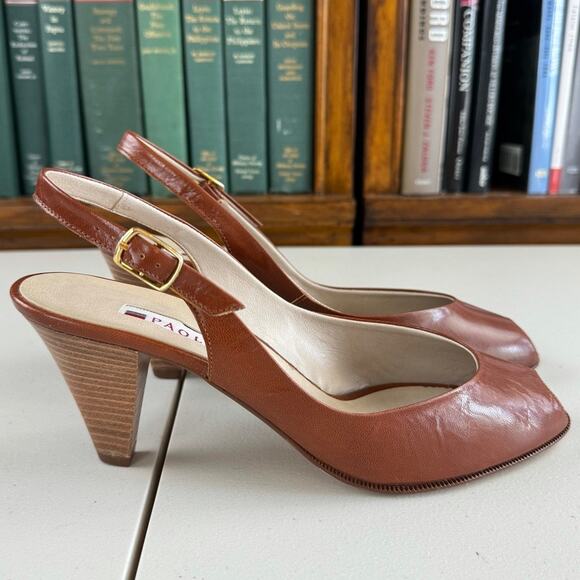 VTG Paolo Vico Made in Italy Leather Peep Toe Sling Back Heeled Shoe Sz 9 - Picture 1 of 7